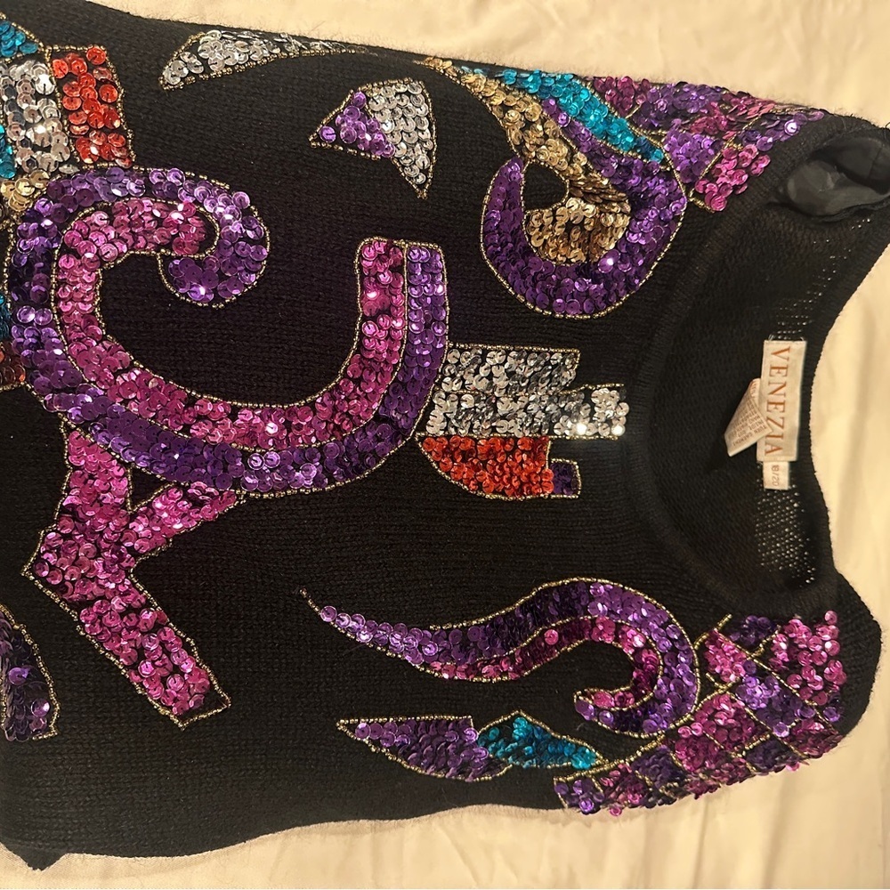 Colorful Vintage Silk blend Geometric Holiday Sequin Sweater - Picture 5 of 12